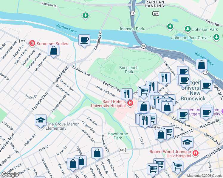 map of restaurants, bars, coffee shops, grocery stores, and more near 268 Easton Avenue in New Brunswick