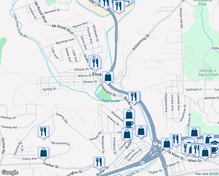 map of restaurants, bars, coffee shops, grocery stores, and more near 621 William Flinn Highway in Etna