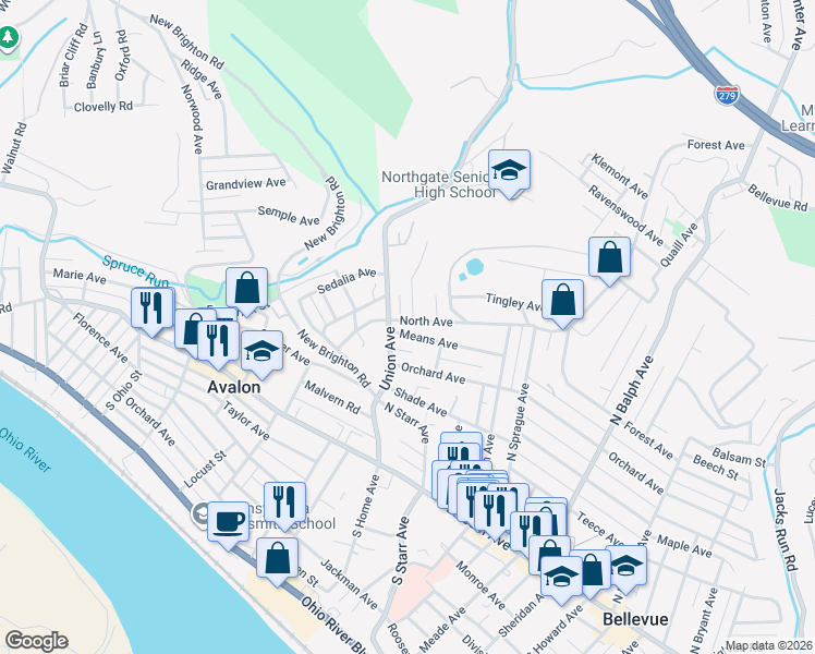 map of restaurants, bars, coffee shops, grocery stores, and more near 301 Union Avenue in Pittsburgh