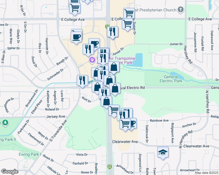 map of restaurants, bars, coffee shops, grocery stores, and more near 2107 North Veterans Parkway in Bloomington
