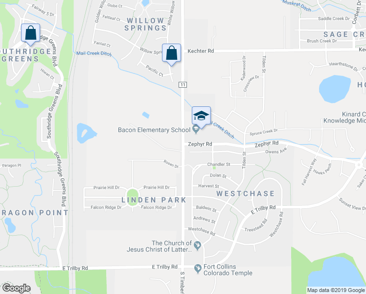 map of restaurants, bars, coffee shops, grocery stores, and more near 6111 South Timberline Road in Fort Collins