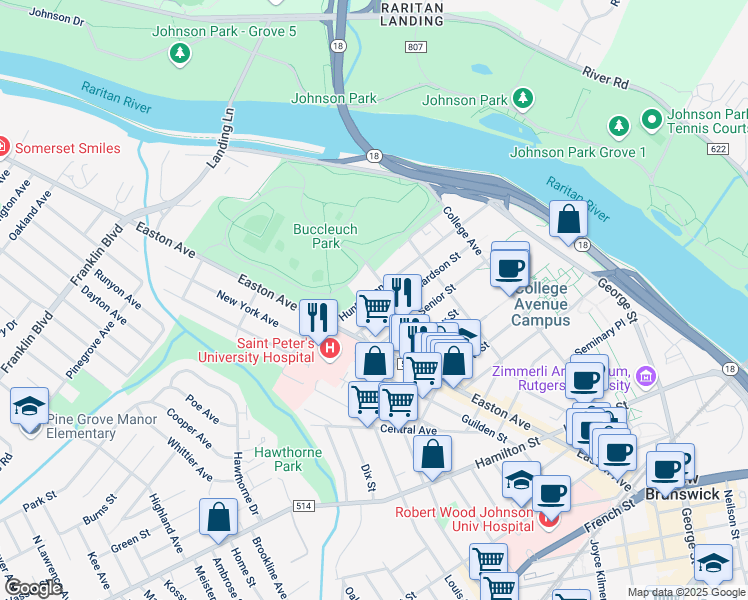 map of restaurants, bars, coffee shops, grocery stores, and more near 96 Huntington Street in New Brunswick