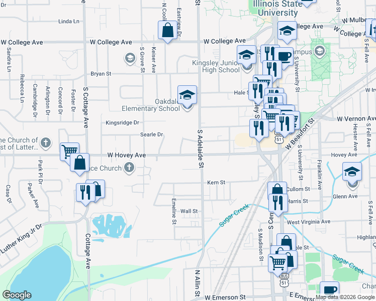 map of restaurants, bars, coffee shops, grocery stores, and more near 808 Livingston Drive in Normal