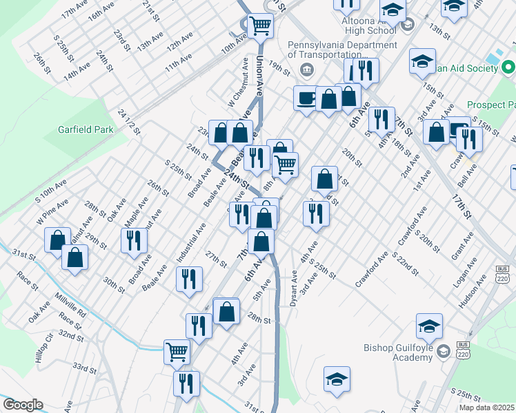 map of restaurants, bars, coffee shops, grocery stores, and more near South Street in Altoona