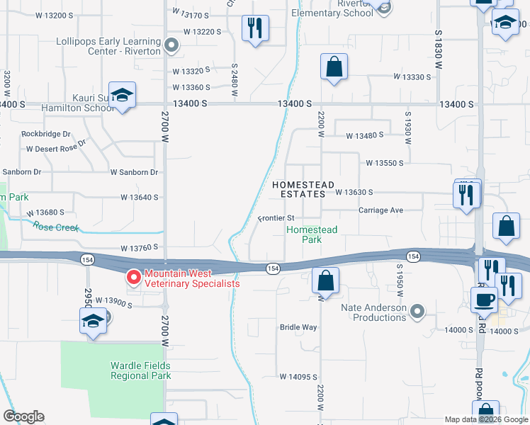 map of restaurants, bars, coffee shops, grocery stores, and more near 2384 Frontier Street in Riverton