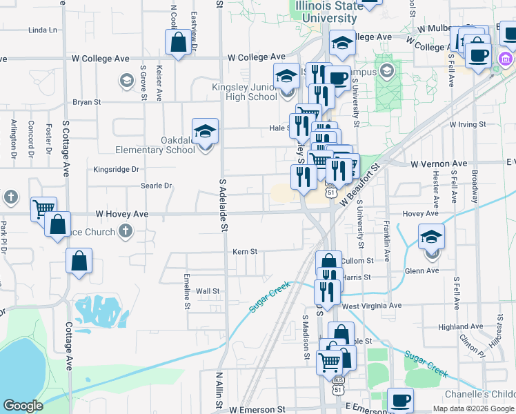 map of restaurants, bars, coffee shops, grocery stores, and more near 1005 Morgan Street in Normal