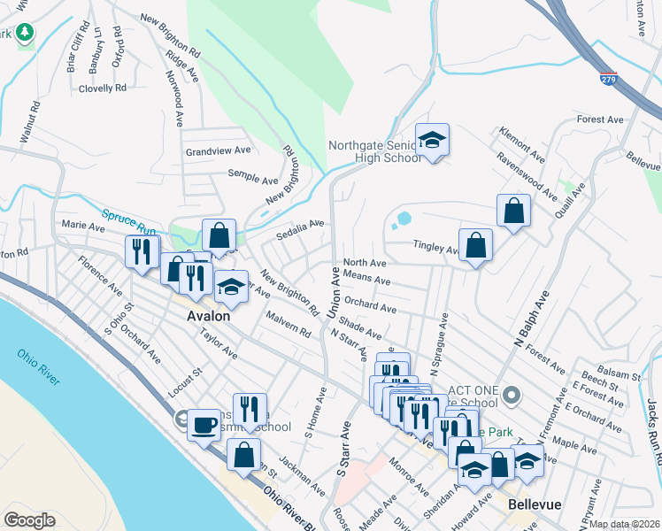map of restaurants, bars, coffee shops, grocery stores, and more near 301 Union Avenue in Pittsburgh