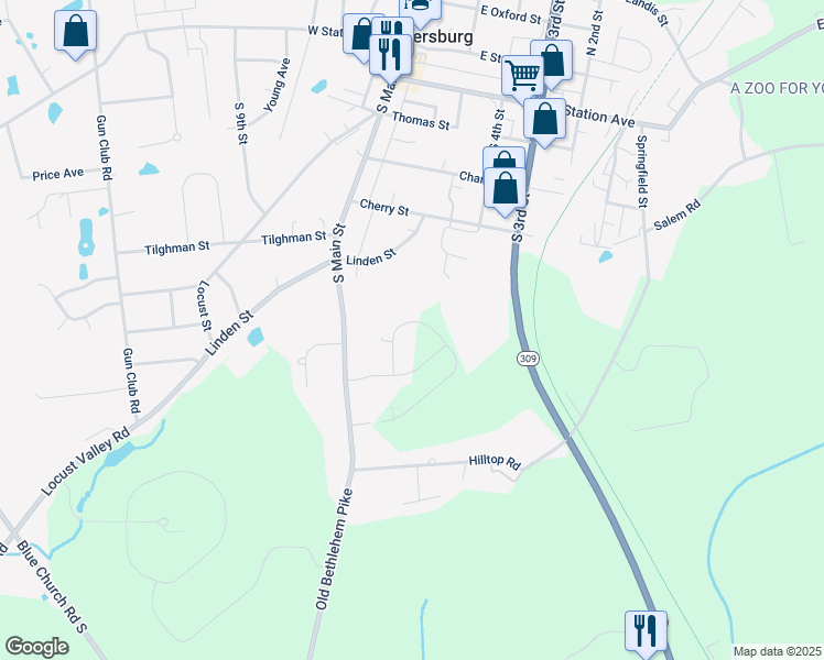 map of restaurants, bars, coffee shops, grocery stores, and more near 7555 Clayton Avenue in Coopersburg