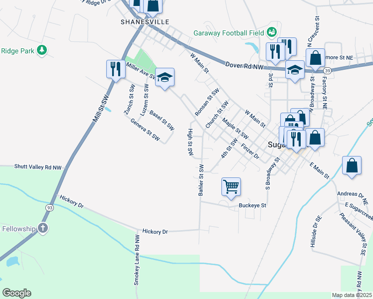 map of restaurants, bars, coffee shops, grocery stores, and more near 372 High Street Southwest in Sugarcreek