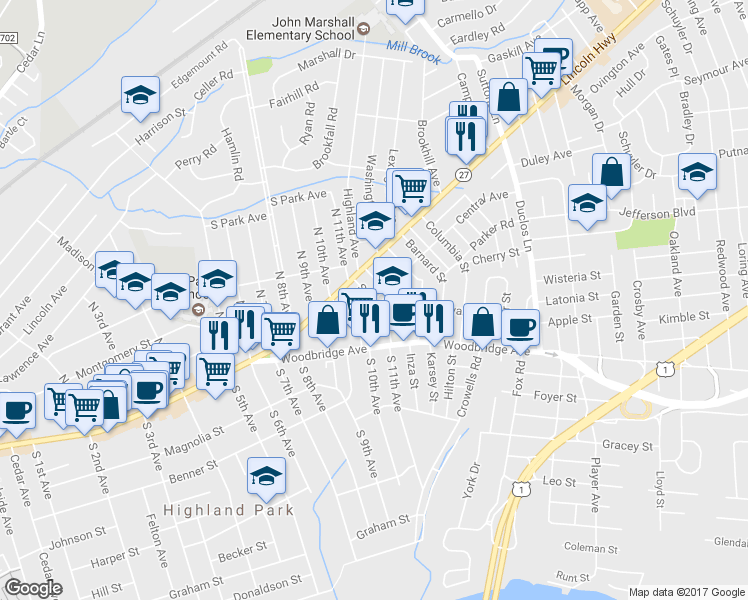 map of restaurants, bars, coffee shops, grocery stores, and more near 1101 Central Avenue in Highland Park
