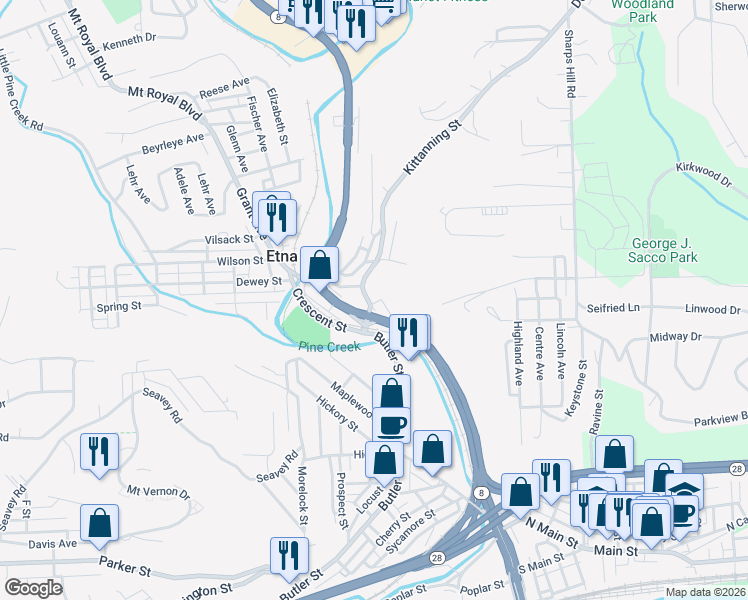 map of restaurants, bars, coffee shops, grocery stores, and more near 16 Kittanning Street in Pittsburgh