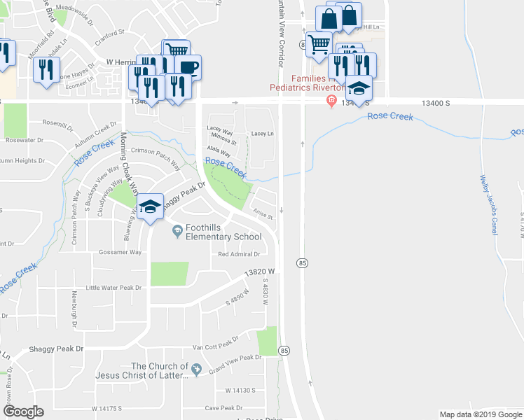 map of restaurants, bars, coffee shops, grocery stores, and more near 4852 Anise Street in Riverton