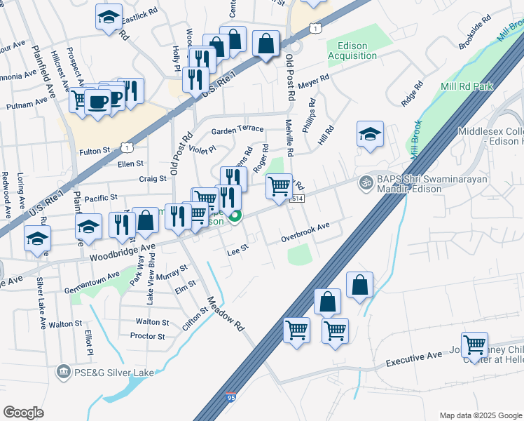 map of restaurants, bars, coffee shops, grocery stores, and more near 2337 Woodbridge Avenue in Edison