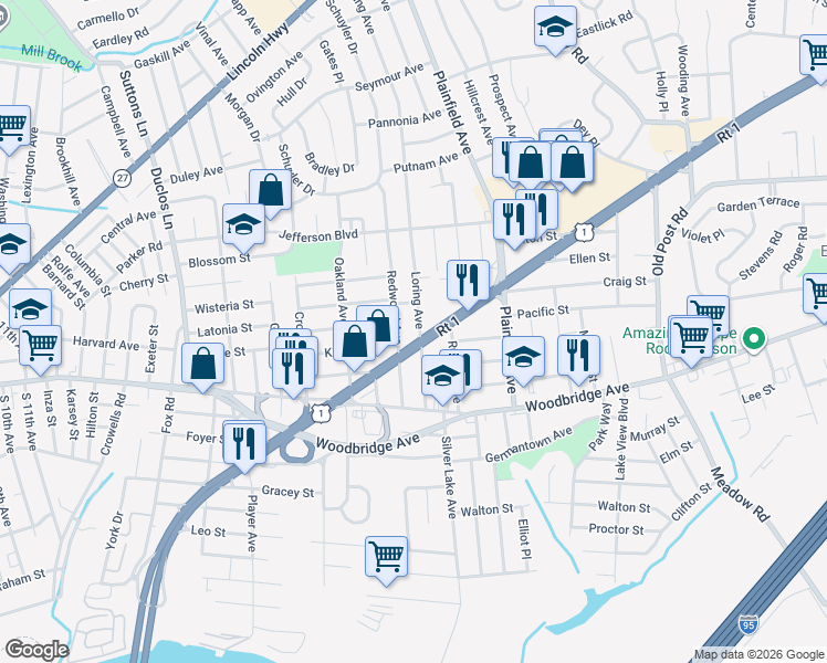 map of restaurants, bars, coffee shops, grocery stores, and more near 61 Redwood Avenue in Edison