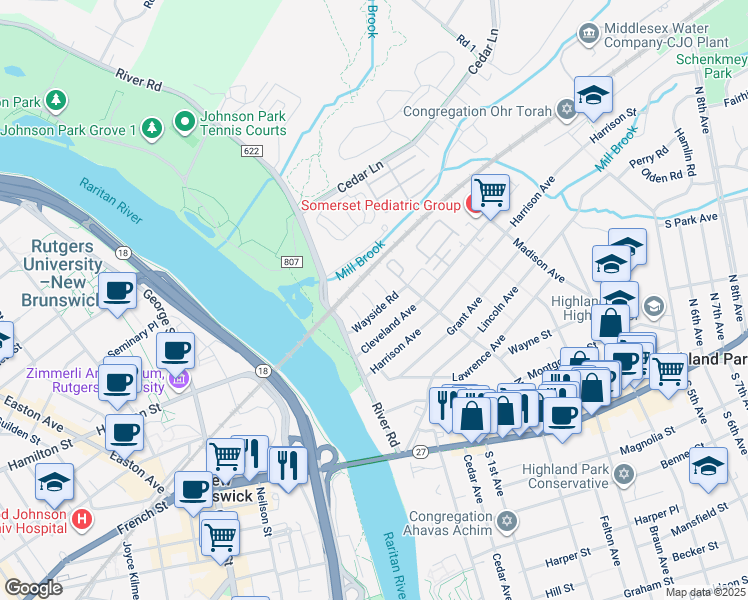 map of restaurants, bars, coffee shops, grocery stores, and more near 801 Mia Drive in Highland Park
