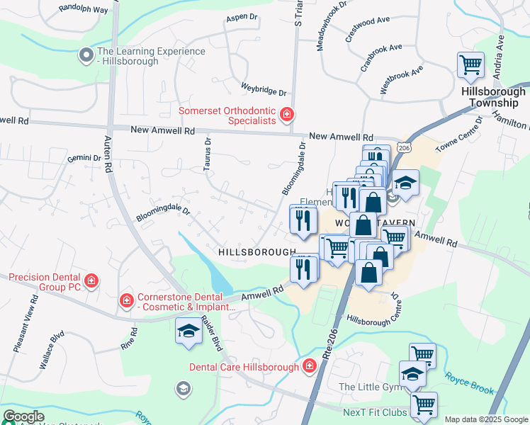 map of restaurants, bars, coffee shops, grocery stores, and more near 53 Taurus Drive in Hillsborough Township