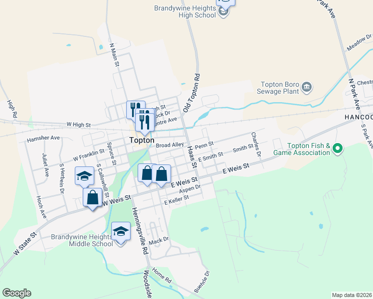 map of restaurants, bars, coffee shops, grocery stores, and more near 14 South Haas Street in Topton