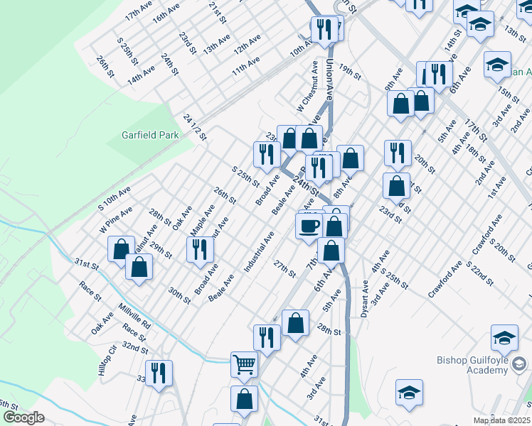 map of restaurants, bars, coffee shops, grocery stores, and more near 2513-17 Broad Avenue in Altoona