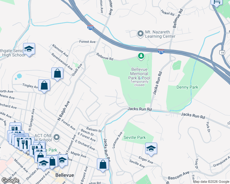 map of restaurants, bars, coffee shops, grocery stores, and more near 316 Wildflower Court in Pittsburgh