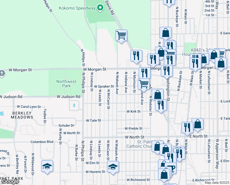 map of restaurants, bars, coffee shops, grocery stores, and more near 1808 North Wabash Street in Kokomo