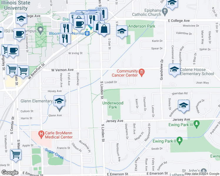 map of restaurants, bars, coffee shops, grocery stores, and more near 203 Lindell Drive in Normal