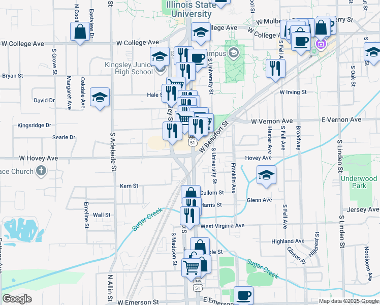 map of restaurants, bars, coffee shops, grocery stores, and more near 800 West Hovey Avenue in Normal