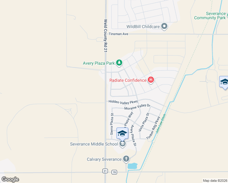 map of restaurants, bars, coffee shops, grocery stores, and more near 1289 Baker Pass Street in Severance