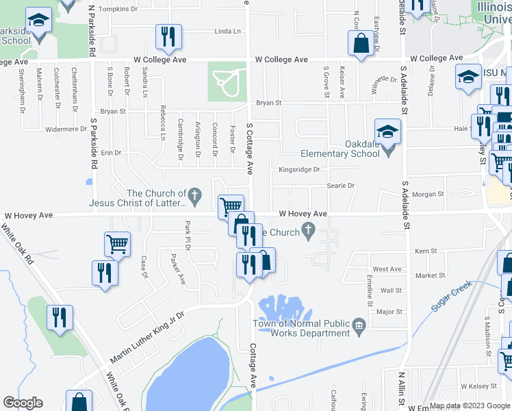 map of restaurants, bars, coffee shops, grocery stores, and more near 810 South Cottage Avenue in Normal