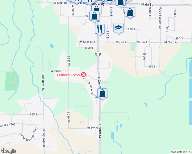 map of restaurants, bars, coffee shops, grocery stores, and more near 556 South Center Street in Midway