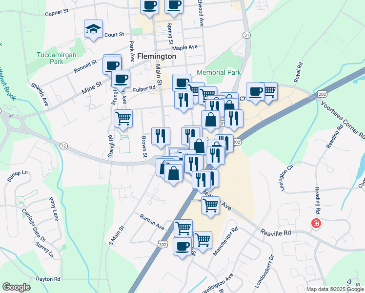 map of restaurants, bars, coffee shops, grocery stores, and more near 155 Broad Street in Flemington
