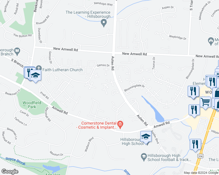 map of restaurants, bars, coffee shops, grocery stores, and more near 117 Bluebird Drive in Somerset County