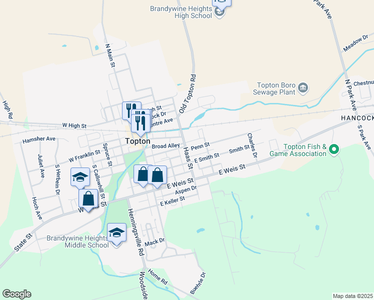 map of restaurants, bars, coffee shops, grocery stores, and more near 203 Penn Street in Topton