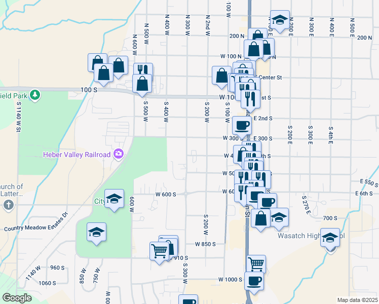 map of restaurants, bars, coffee shops, grocery stores, and more near 290 West 400 South in Heber City