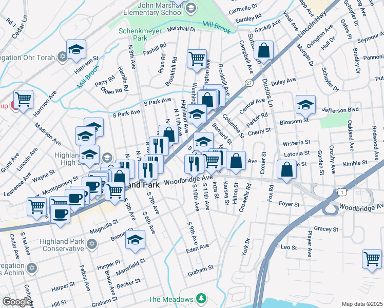 map of restaurants, bars, coffee shops, grocery stores, and more near 1101 Central Avenue in Highland Park