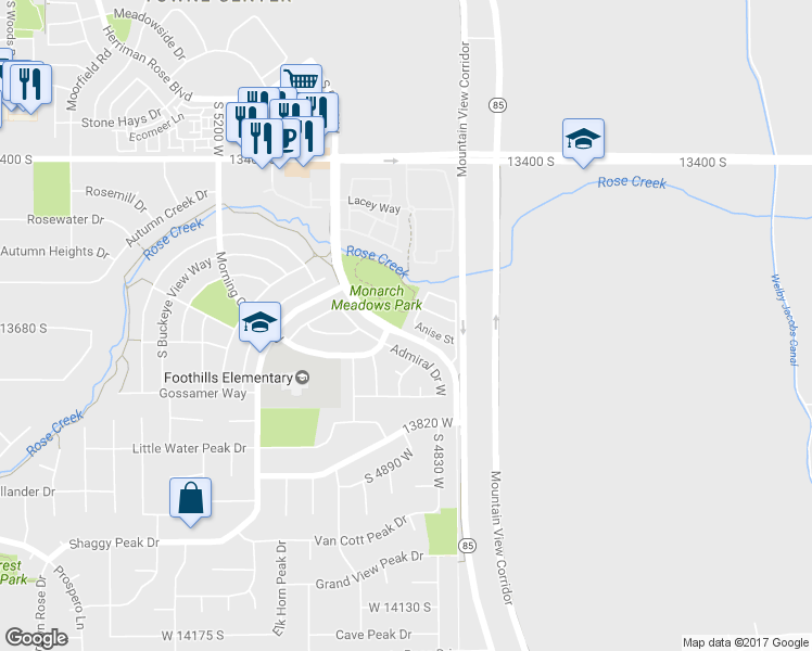 map of restaurants, bars, coffee shops, grocery stores, and more near 13674 Danaus Way in Herriman