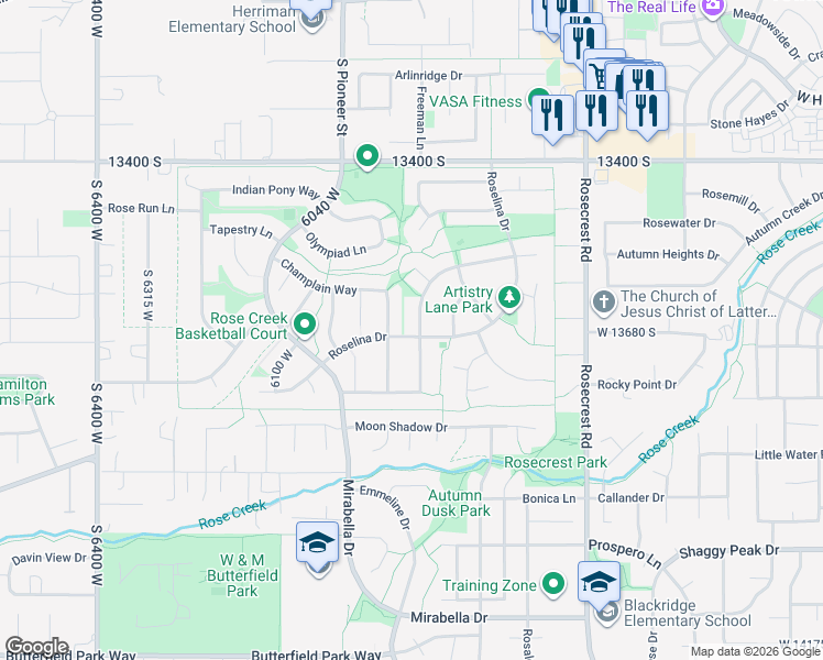 map of restaurants, bars, coffee shops, grocery stores, and more near 13677 Eglantina Drive in Herriman