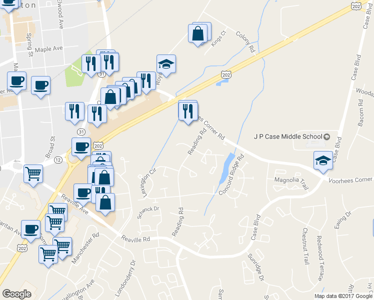 map of restaurants, bars, coffee shops, grocery stores, and more near 16 Reading Road in Flemington