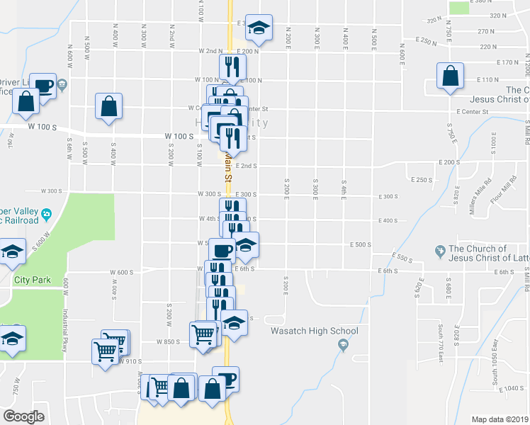 map of restaurants, bars, coffee shops, grocery stores, and more near 125 East 400 South in Heber City