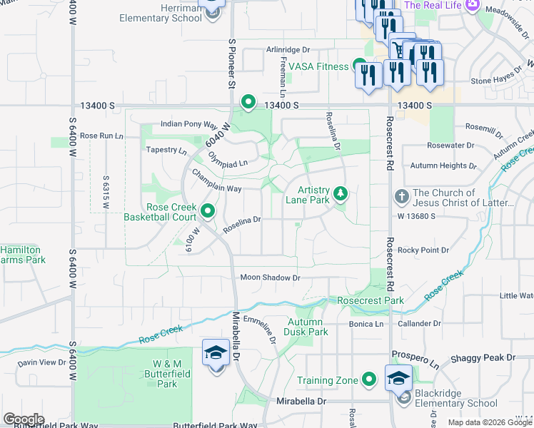 map of restaurants, bars, coffee shops, grocery stores, and more near 13677 Eglantina Drive in Herriman