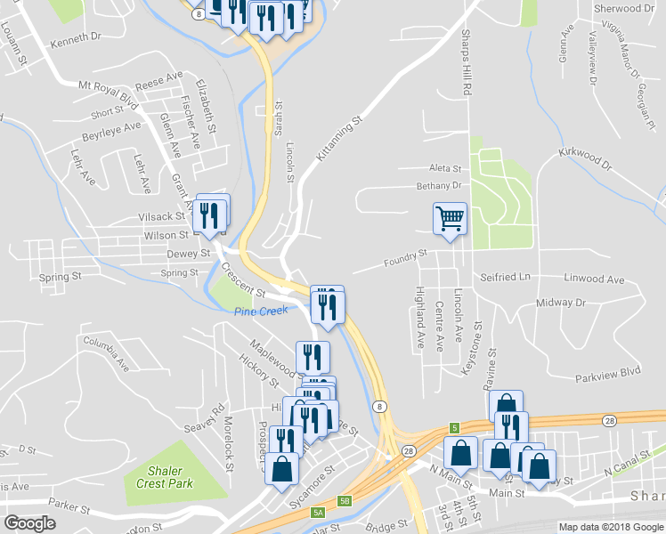 map of restaurants, bars, coffee shops, grocery stores, and more near 502 Foundry Street in Pittsburgh