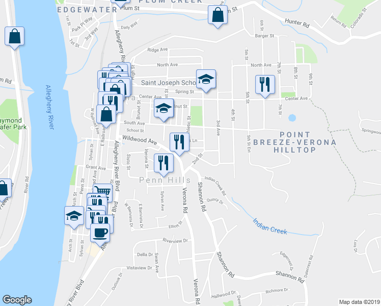 map of restaurants, bars, coffee shops, grocery stores, and more near 523 Church Street in Verona