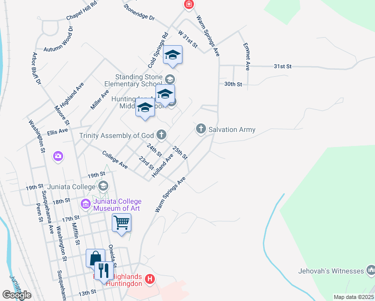 map of restaurants, bars, coffee shops, grocery stores, and more near 2502 Shadyside Avenue in Huntingdon