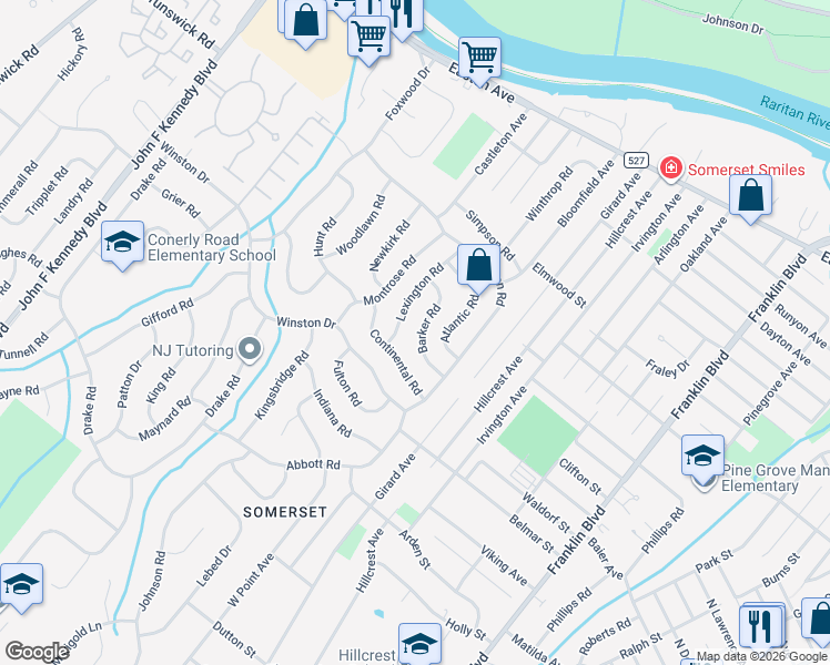 map of restaurants, bars, coffee shops, grocery stores, and more near 23 Lexington Road in Franklin Township