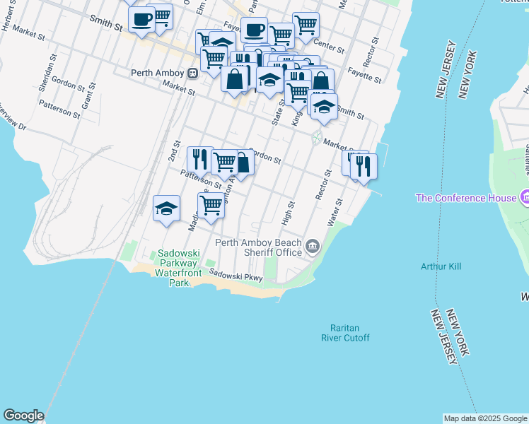 map of restaurants, bars, coffee shops, grocery stores, and more near 133 Kearny Avenue in Perth Amboy