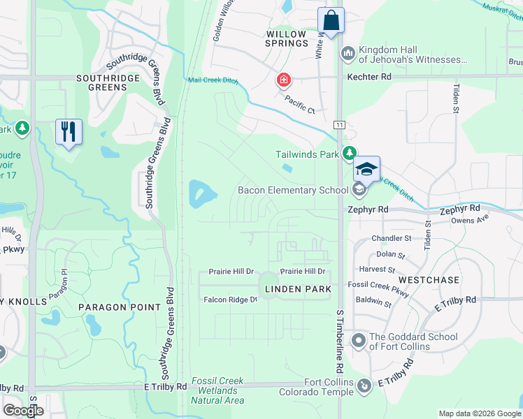 map of restaurants, bars, coffee shops, grocery stores, and more near 6015 South Timberline Road in Fort Collins