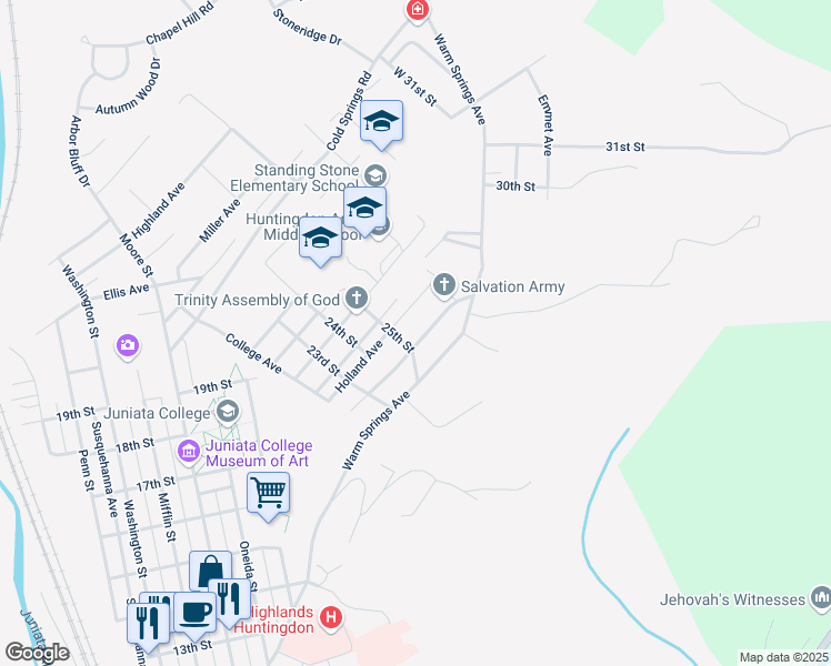 map of restaurants, bars, coffee shops, grocery stores, and more near 2502 Shadyside Avenue in Huntingdon