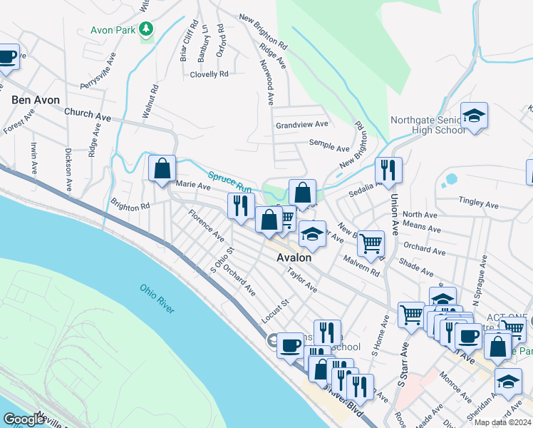 map of restaurants, bars, coffee shops, grocery stores, and more near 611 Center Avenue in Bellevue