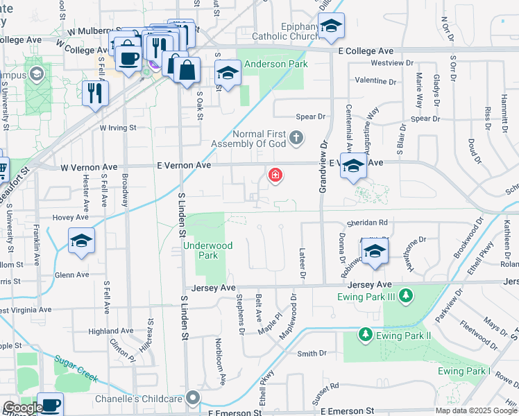 map of restaurants, bars, coffee shops, grocery stores, and more near 608 Hillview Drive in Normal