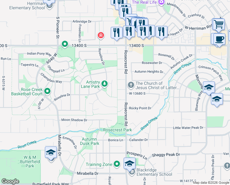 map of restaurants, bars, coffee shops, grocery stores, and more near 13671 Timeless Ct in Herriman