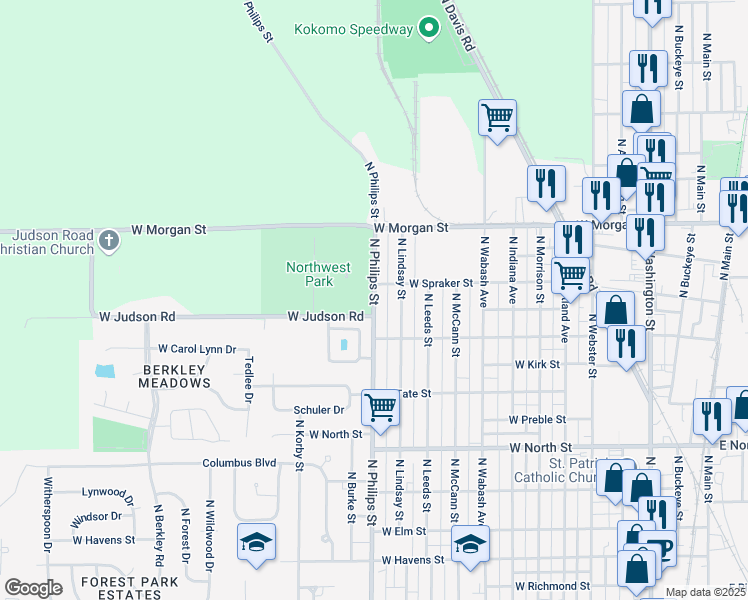 map of restaurants, bars, coffee shops, grocery stores, and more near 1813 North Philips Street in Kokomo